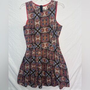 Maison Jules Fit & Flare Dress Sz M Red Blue Medallion Print Sleeveless Zipper